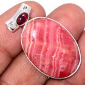 Rhodochrosite Pendant with Garnet accent solid SS
